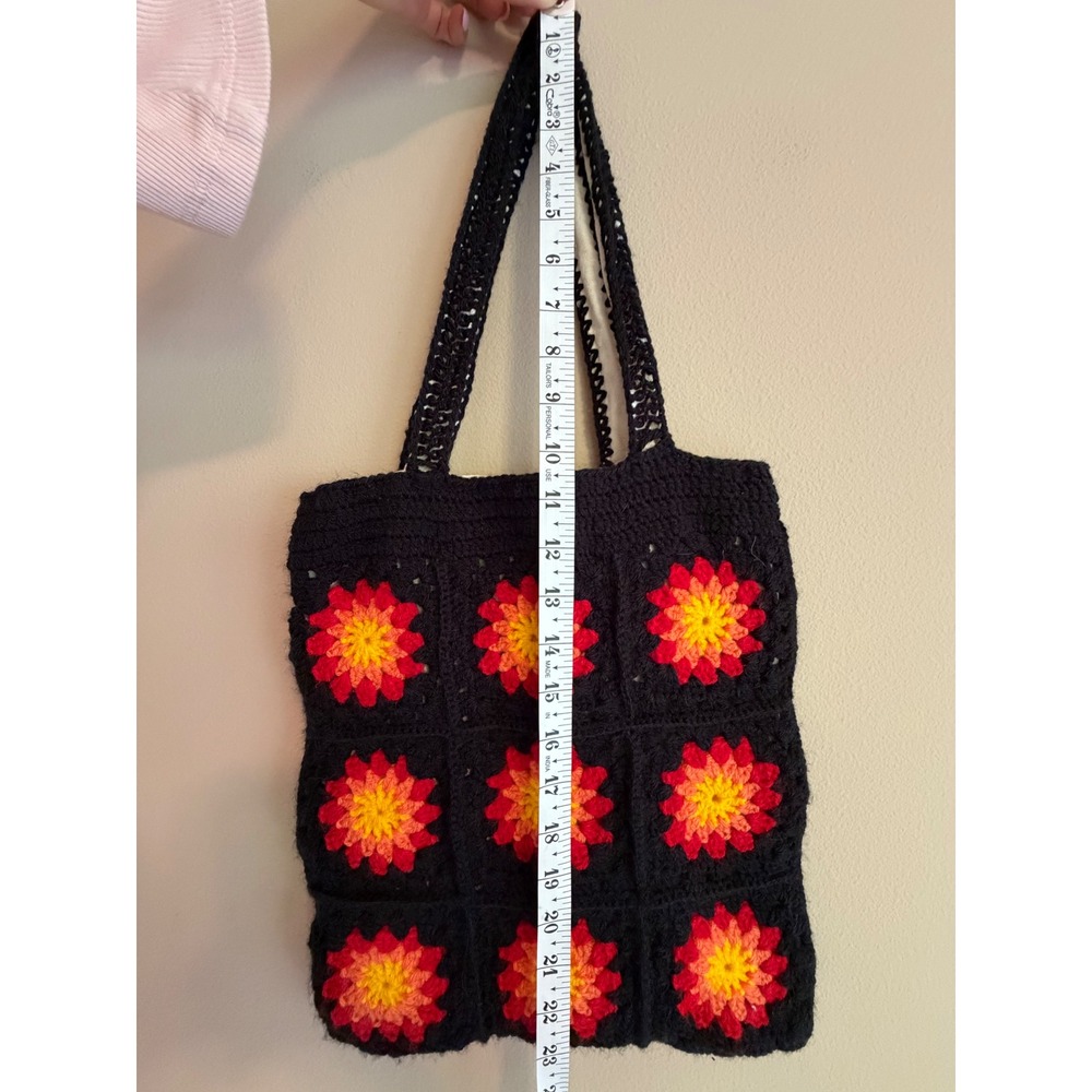 Handmade Crochet Square Tote Bag Black Red Floral Boho Lined Shoulder Bag - Picture 4 of 6